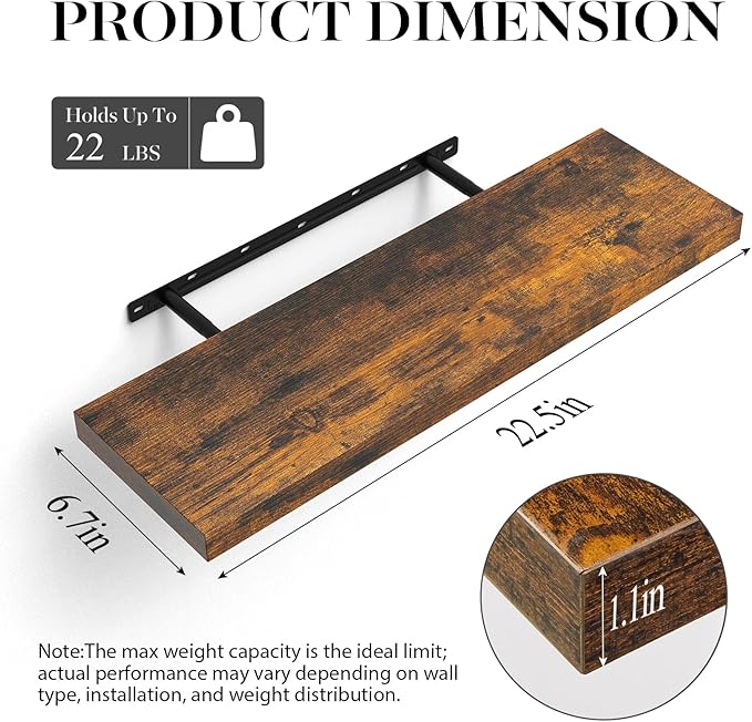 BAYKA Floating Shelves Set of 2, 22.5 inches Farmhouse Rustic Wood Wall Mounted - Image 3