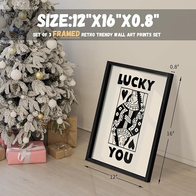 Heiple Framed Set of 3 Poker Wall Art Lucky You Poster, Trendy Retro Print Wall - Image 4