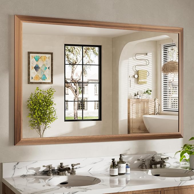 55x36 Inch Bathroom Mirror for Wall, Anti-Rust Walnut Wood Grain Metal Framed by Briivuemodernmirrors