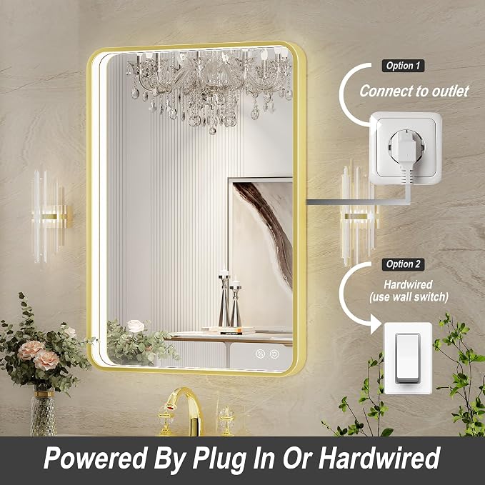 20X28 Inch Framed LED Lighted Bathroom Mirror, Wall Mounted Gold Metal Vanity - Image 5