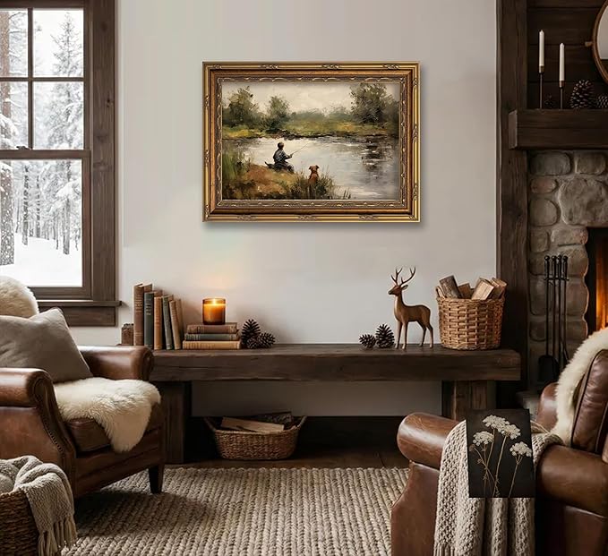 Vintage Gold Framed Wall Art Boy Fishing Country Oil Painting Canvas Prints - Image 2