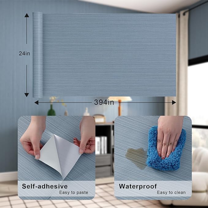 FUKU MON Grasscloth Fabric Wallpaper 24" X 394" Blue Gray Textured Thick Linen - Image 6