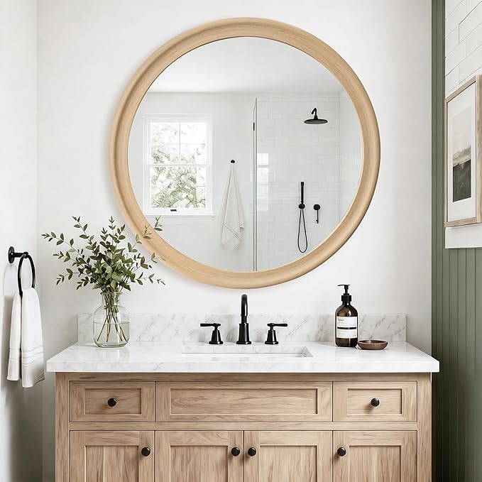 CULER Round Wall Mirrors 36 Inch, Natural Rustic Decorative Transitional Mirror - Image 3
