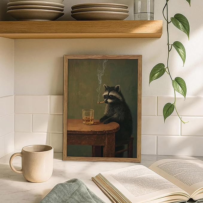 Framed Vintage Raccoon Wall Art, Funny Animal Canvas Wall Decor Paintings - Image 2