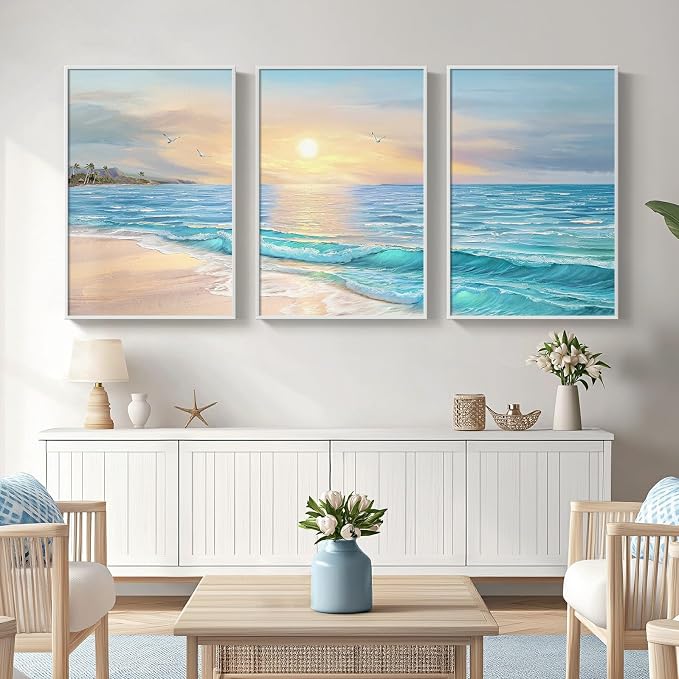 Framed Coastal Beach Wall Art for Living Room, Large 3 Piece Blue Ocean Canvas - Image 7