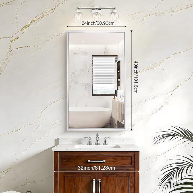 40x24 Silver Bathroom Mirror, Brushed Silver Rectangular Mirror - Image 2