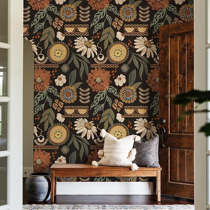 JiffDiff Boho Peel and Stick Wallpaper 17.3" x 120" Vintage Sun Floral Retro - Image 3