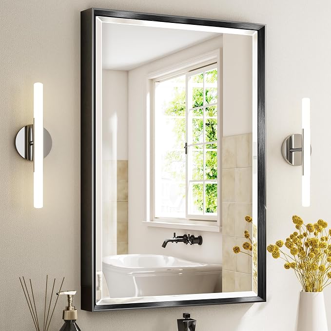 Black Framed Mirror for Bathroom, 24x36 Inch Black Rectangle Beveled Bathroom by QUEENFUN