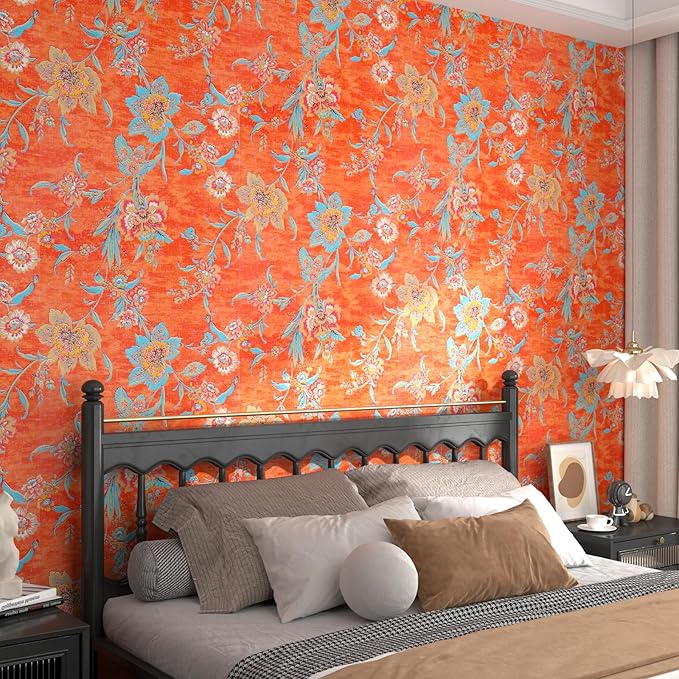 FunStick 17.5"x118" Vintage Floral Peel and Stick Wallpaper Orange Red Wall - Image 5