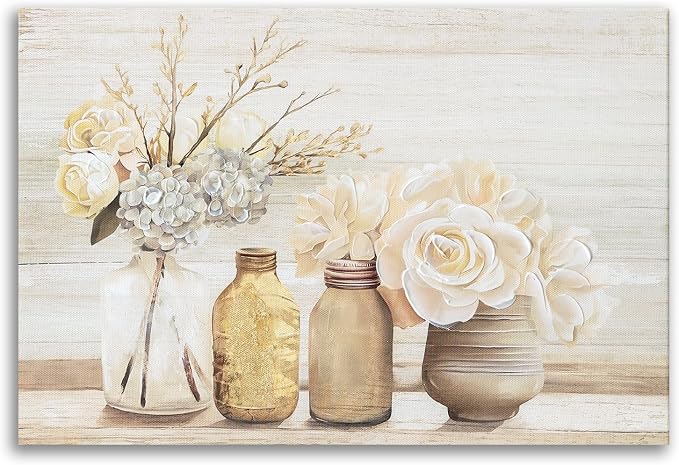 Farmhouse Floral Wall Art for bathroom, Flower Rustic Wood Board Canvas Wall by JolyWell