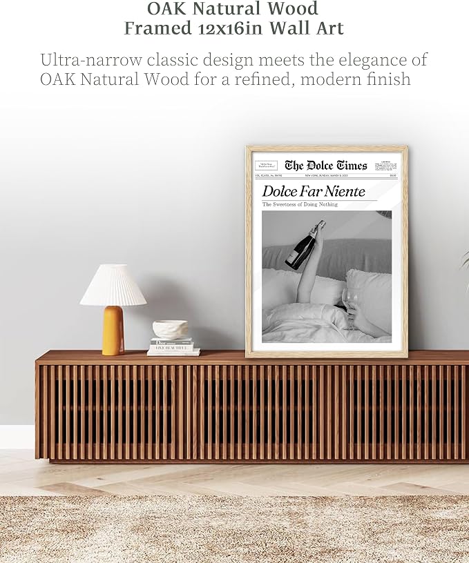 iHery Dolce Far Niente Framed Trendy NewsPaper Wall Art, Natural OAK Wood - Image 2