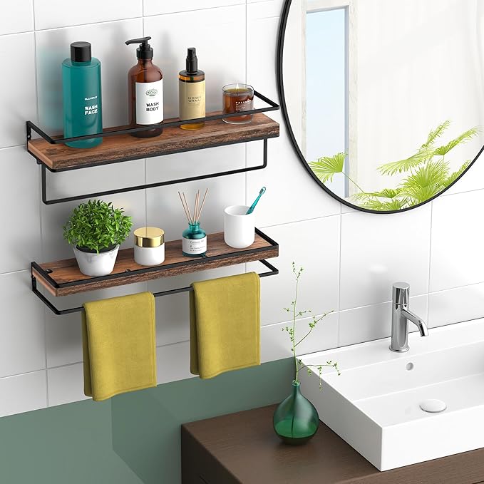 Meangood Floating Shelves Wall Mounted Set of 2, Towel Bar Rustic Wood Wall - Image 2