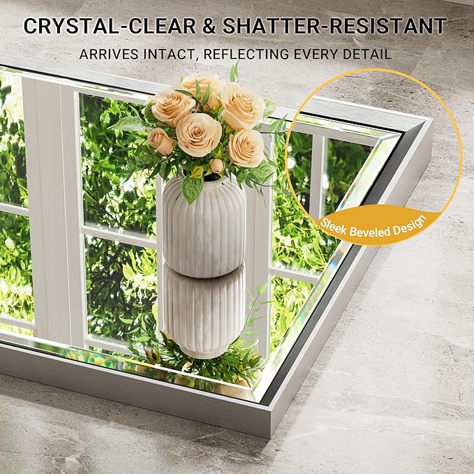 Silver Bathroom Mirror, 22x30 Inch Beveled Rectangle Wall Mounted Mirror - Image 2