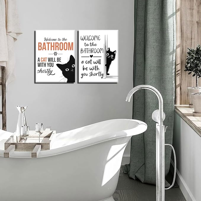 MUWAK Funny Welcome to the Bathroom Slogan Wall Art Set of 2 – Cat will Be - Image 4