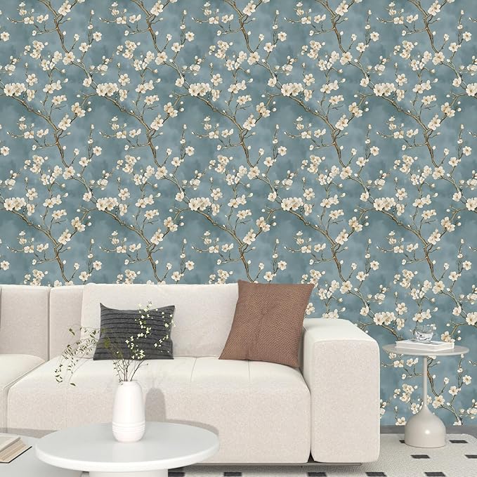 Vintage Floral Wallpaper Peel and Stick Blue White Flowers Contact Paper Vinyl - Image 6