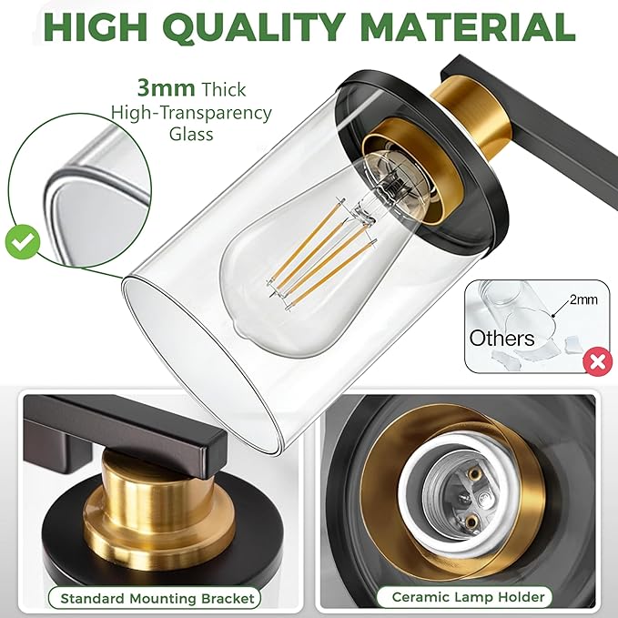 DORESshop Bathroom Light Fixtures, 3-Light Black and Gold Bathroom Lights Over - Image 5