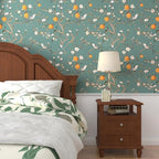 Green Floral Wallpaper Peel and Stick, Birds & Orange Fruits Contact Paper - Image 8
