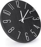 Wall Clock 12 Inch Silent Non-Ticking Imitation Wood Indoor Clock Round Black - Image 2