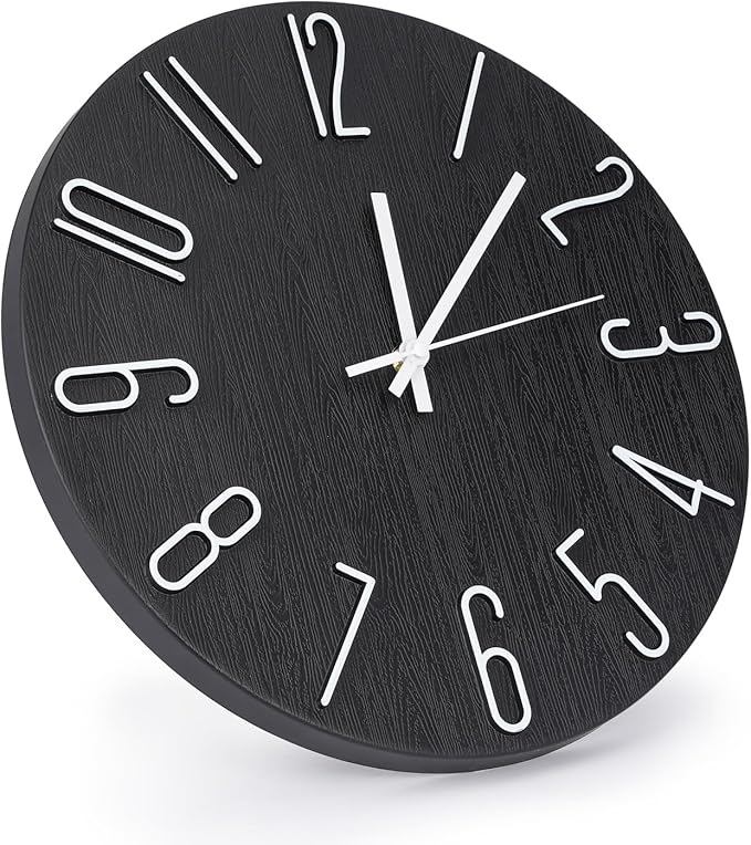 Wall Clock 12 Inch Silent Non-Ticking Imitation Wood Indoor Clock Round Black - Image 2