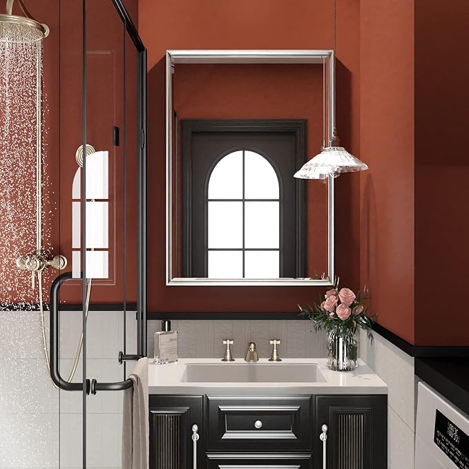Silver Bathroom Mirror, 22x30 Inch Beveled Rectangle Wall Mounted Mirror - Image 6