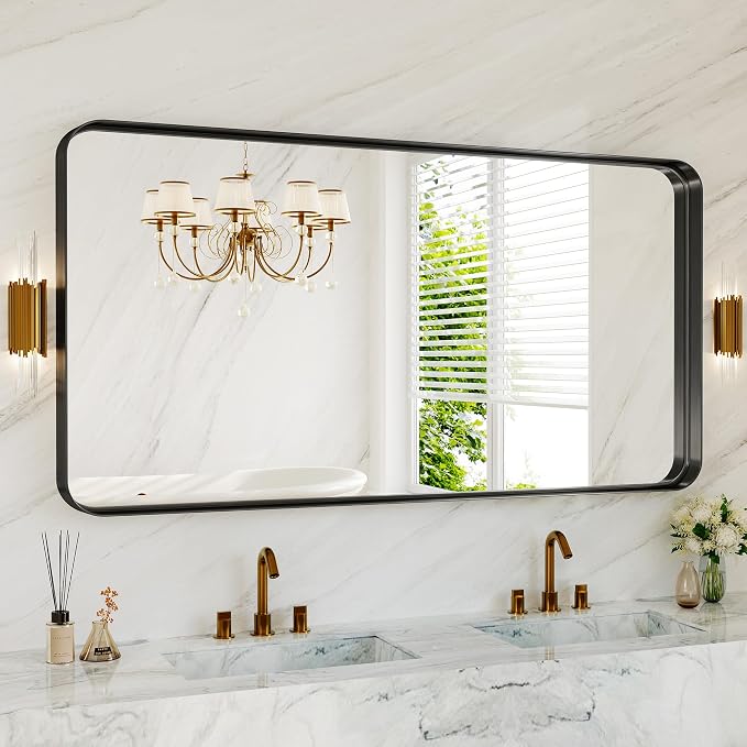 60X30 Inch Black Metal Framed Bathroom Mirror - Image 3