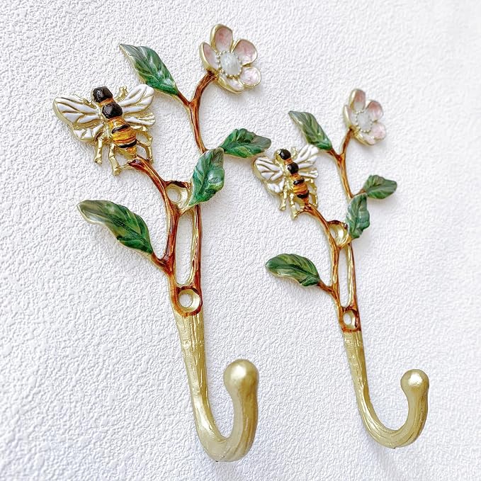 Vintage Bee-Shaped Decorative Wall Hooks, 2 Pack Hand-Painted Floral Metal Wall - Image 3