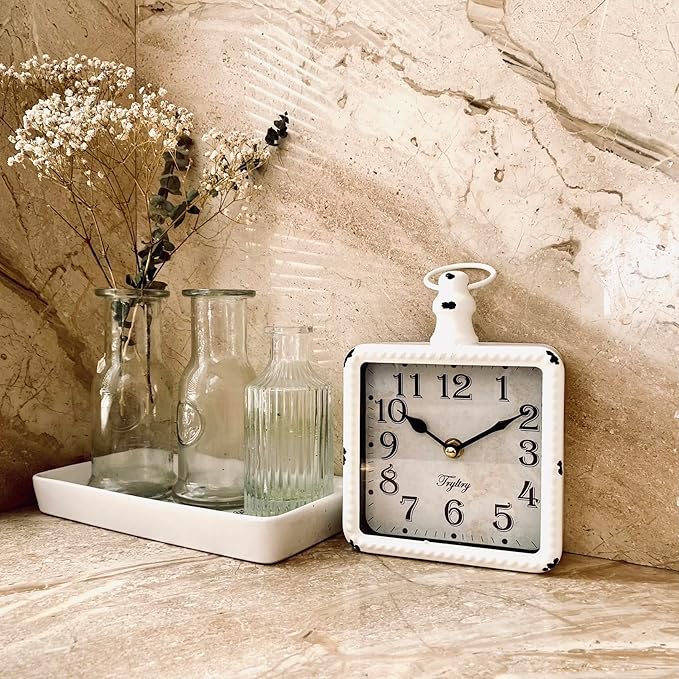 Retro Rectangle Small Wall Clock, Battery Operated Silent White Vintage Decor - Image 3