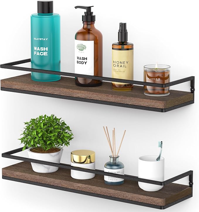 Meangood Floating Shelves Wall Mounted Set of 2, Rustic Wood Wall Storage by Meangood