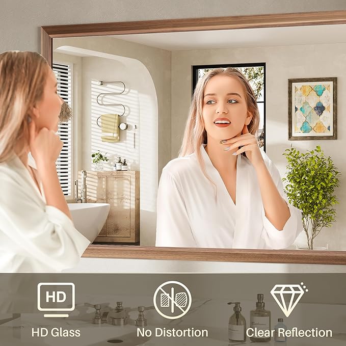 72x36 Inch Bathroom Mirror for Wall, Anti-Rust Walnut Wood Grain Metal Framed - Image 6