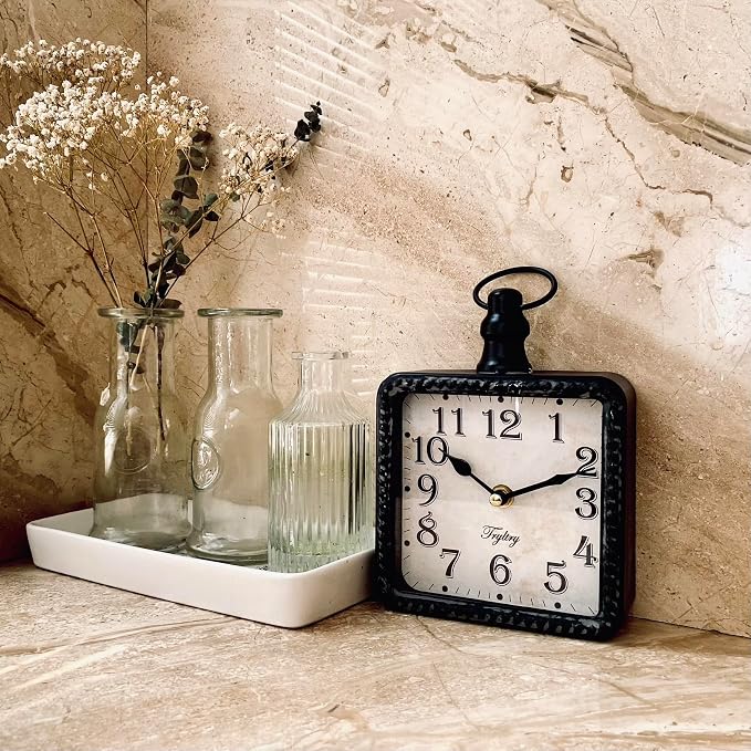 Retro Rectangle Small Wall Clock, Battery Operated Silent Black Vintage Decor - Image 3