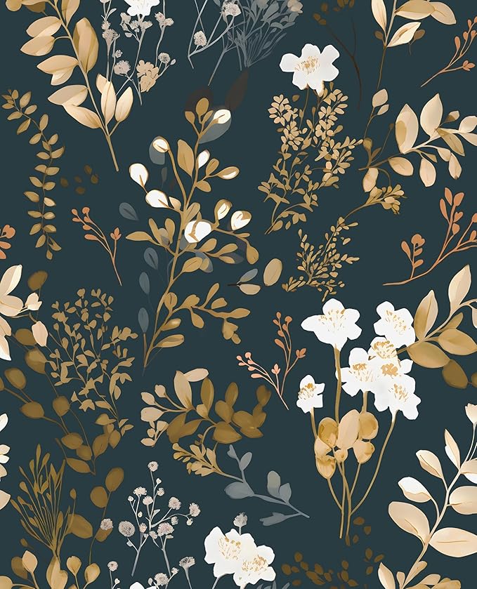 Laatse Navy Floral Wallpaper Peel and Stick Boho Wallpaper Vintage Blue/Gold by Laatse