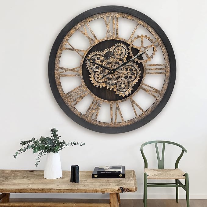HOIBAI Wall Clock for Living Room Decor, 24 in, Moving Gear, Farmhouse Vintage - Image 4