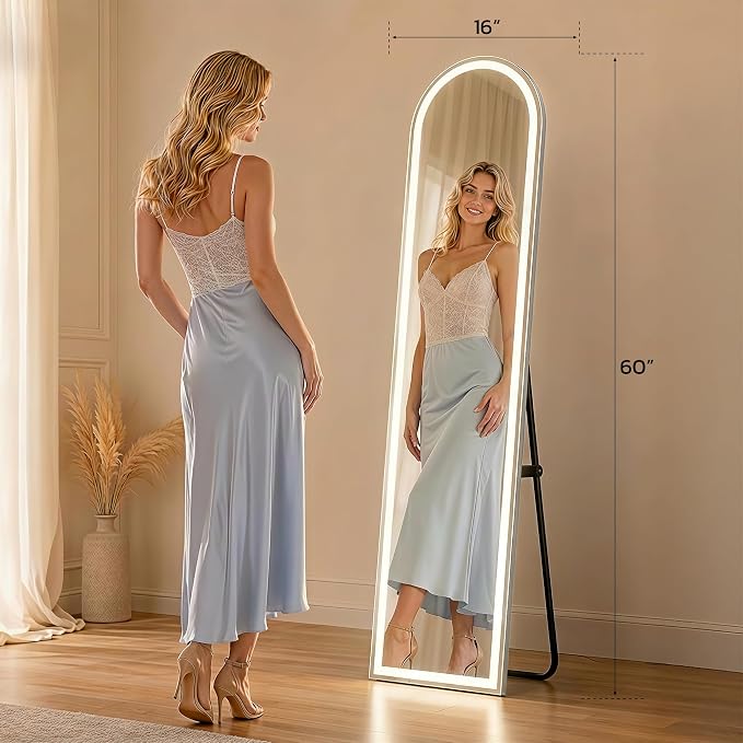 Arched Full Length Mirror with LED Lights, Body Floor Mirrors with Dimming & 3 - Image 7