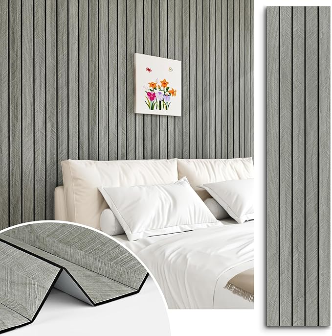 Grey Wood Wall Slat Panels Peel and Stick 3D Textured Fluted Wood Panels by STICKEEP