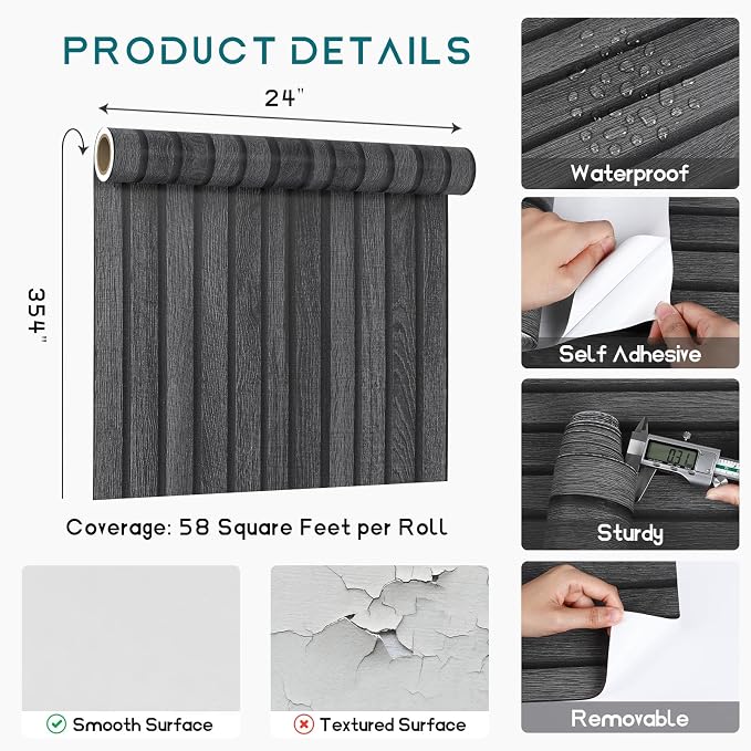 VEELIKE Charcoal Black Wood Slat Wallpaper Peel and Stick Modern Wood Panel - Image 9