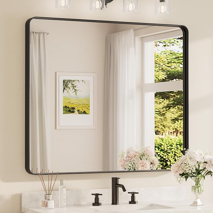 TETOTE Black Framed Mirrors for Bathroom, 42 x 36 Inch Modern Decorative Wall by TETOTE