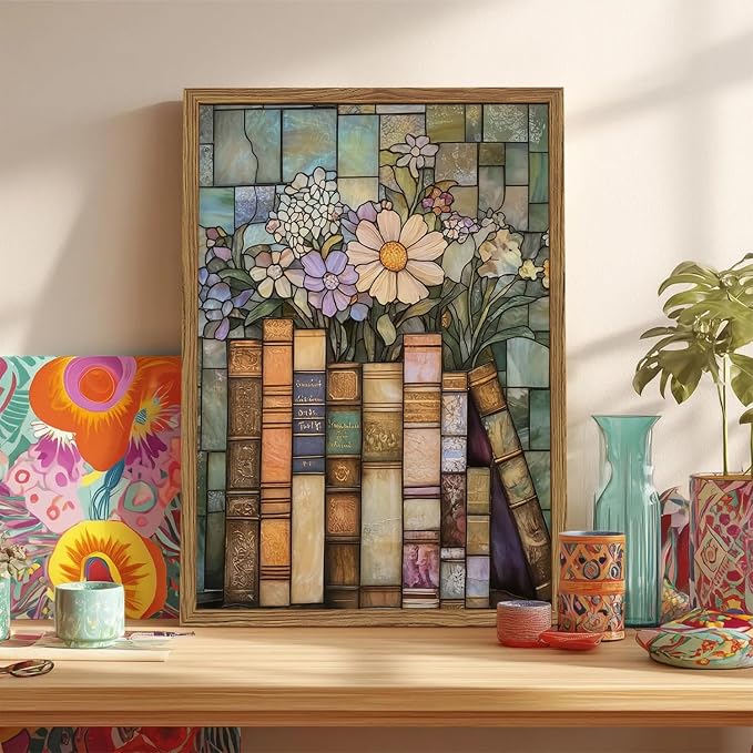 YYNISPIN Vintage Book Wildflower Wall Art Moody Stained Glass Book Lover Wall - Image 4