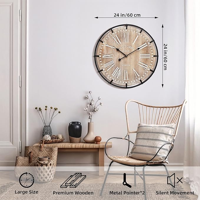 24 Inch Large Farmhouse Wall Clock, Rustic Wooden Wall Clock Decorative - Image 2
