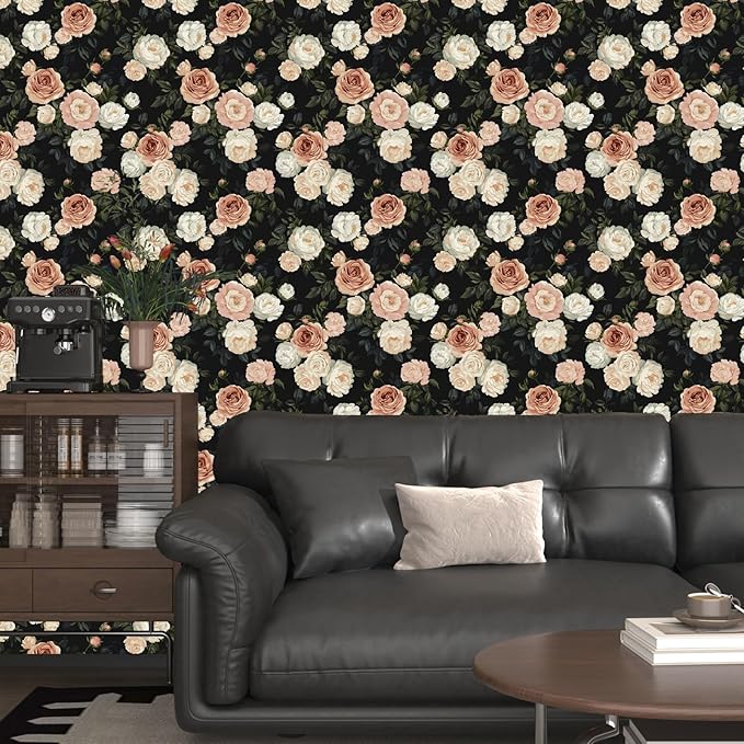 Pink White Rose Peony Wallpaper Peel and Stick Black Floral 17.5in x 118in - Image 3