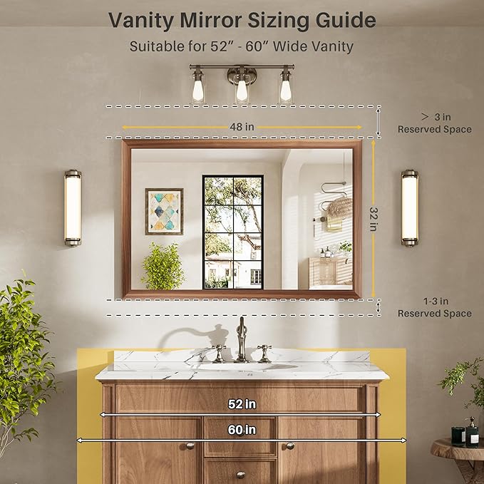 48x32 Inch Bathroom Mirror for Wall, Anti-Rust Walnut Wood Grain Metal Framed - Image 2