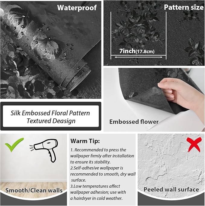 Black Peel and Stick Wallpaper Silk Embossed Floral Contact Paper - Image 2