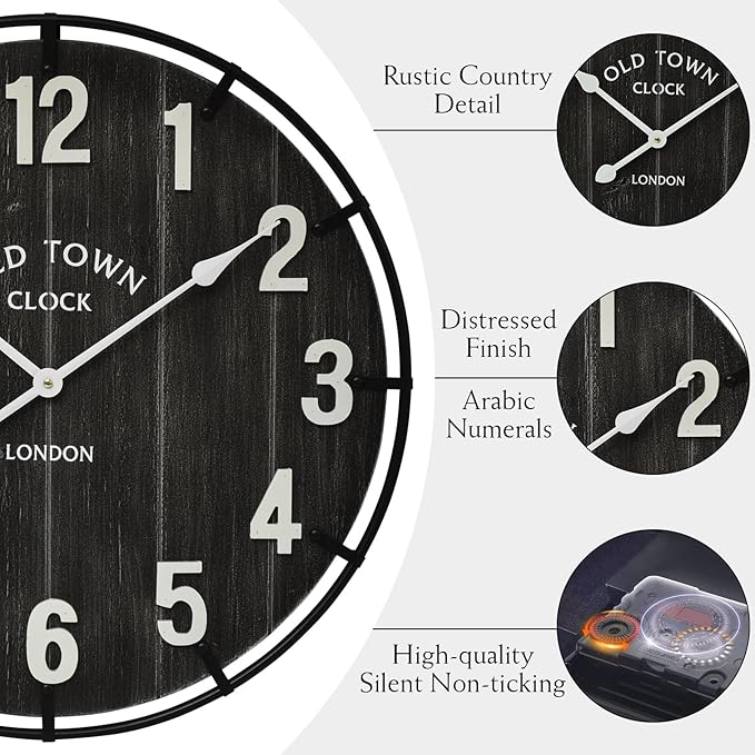 EMAX HOME Large Old Town Farmhouse Black Wall Clock 24 Inch Rustic Antique Wood - Image 5