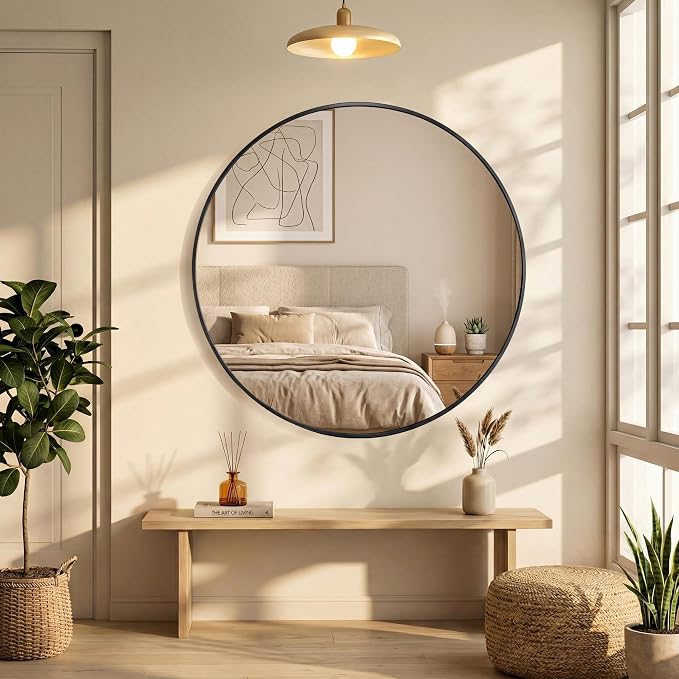 OLIXIS 28 Inch Black Round Bathroom Wall Mirror, Round Bathroom Mirrors - Image 7