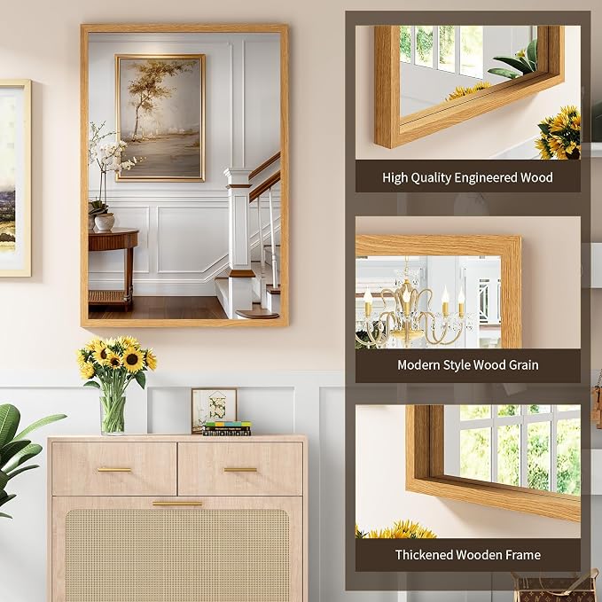 Syndra Natural Wood Frame Bathroom Mirror, 24x36'' Modern Vanity Mirror - Image 3