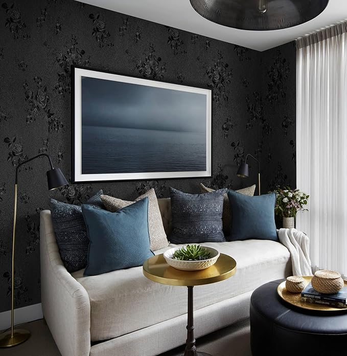 Erfoni Black Peel and Stick Wallpaper Black Floral Embossed Contact Paper - Image 2