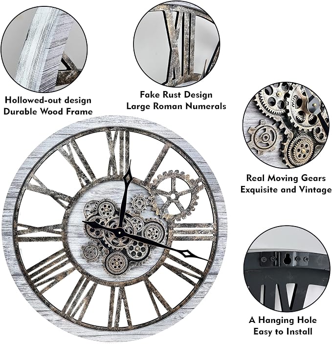 The B-Style Large Wall Clock 24 inch Moving Gear Wall Clock Oversized Vintage - Image 4