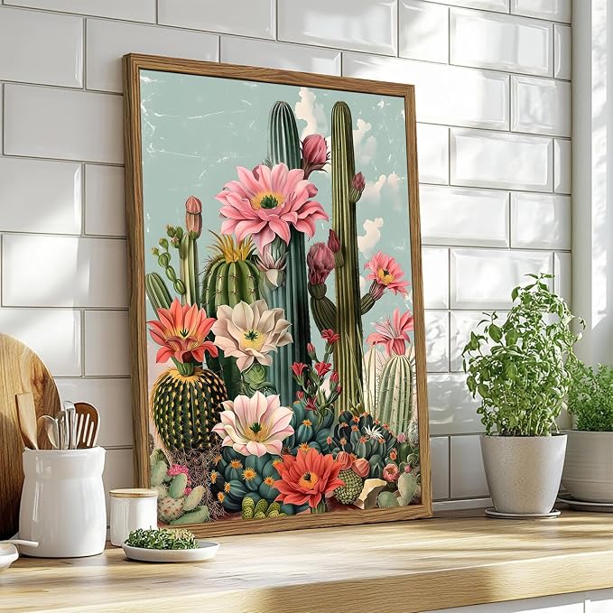 Framed Mexican Cactus Canvas Wall Art Set of 2, Vintage Desert Floral Wall - Image 4