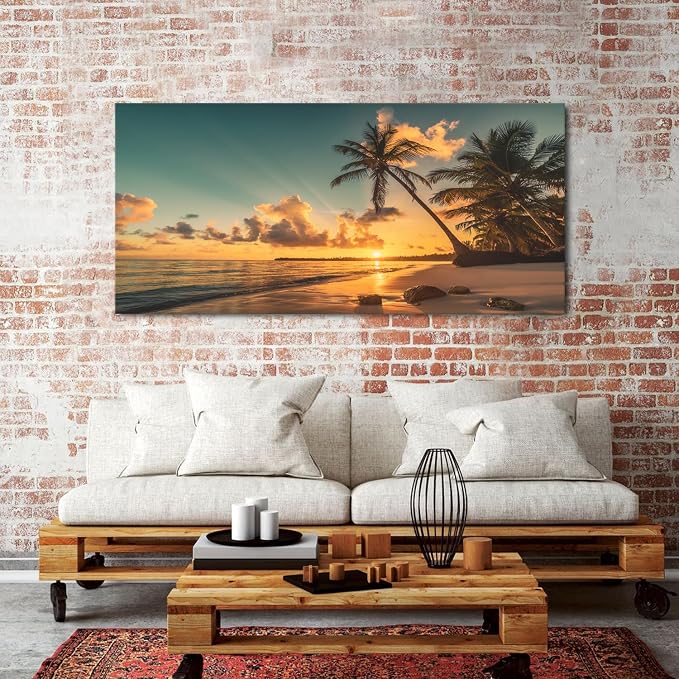 Beach Wall Art Palm Tree Pictures Sunset Coastal Landscape Bathroom Wall Decor - Image 2