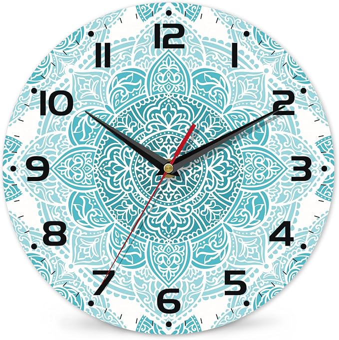 Teal Mandala Flower Wall Clock, Silent Non-Ticking, Battery Operated, Wooden by DEMACYA