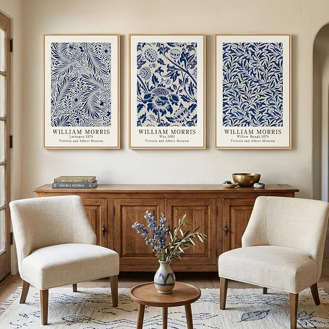 Large Framed Blue William Morris Wall Art Set of 3, Vintage Botanical Floral - Image 2